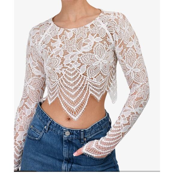 For Love & Lemons Guava Lace Crop Top Size XS Scalloped Hem Long Sleeves - Picture 7 of 14